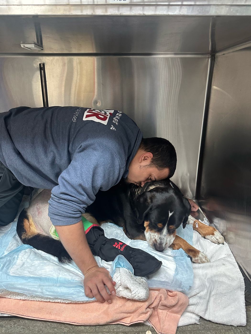 Xavier hugging a recovering dog inside an animal hospital kennel